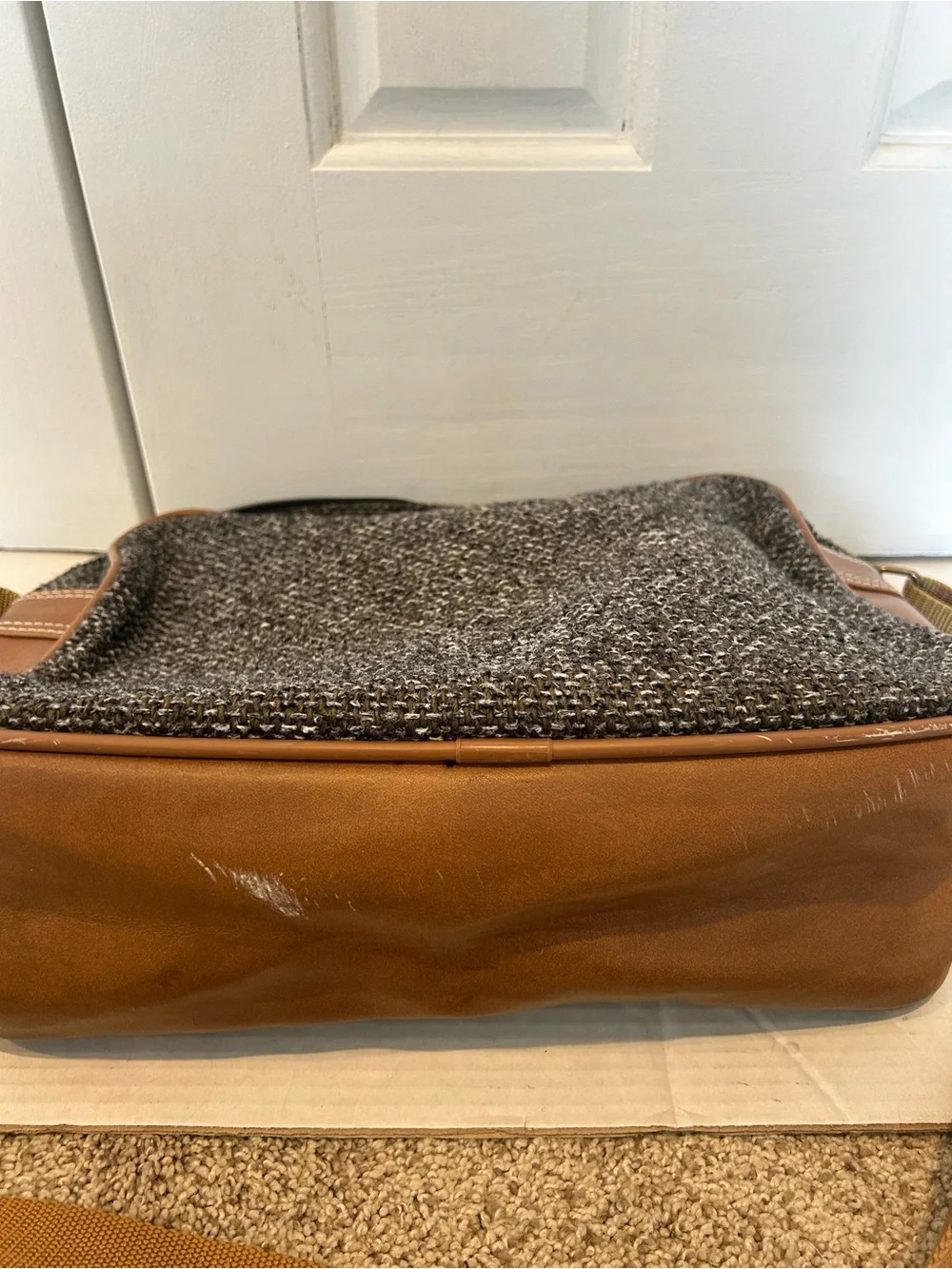 Oscar de la Renta Black Tweed Messenger Bag with Tan Trim and Red Accent